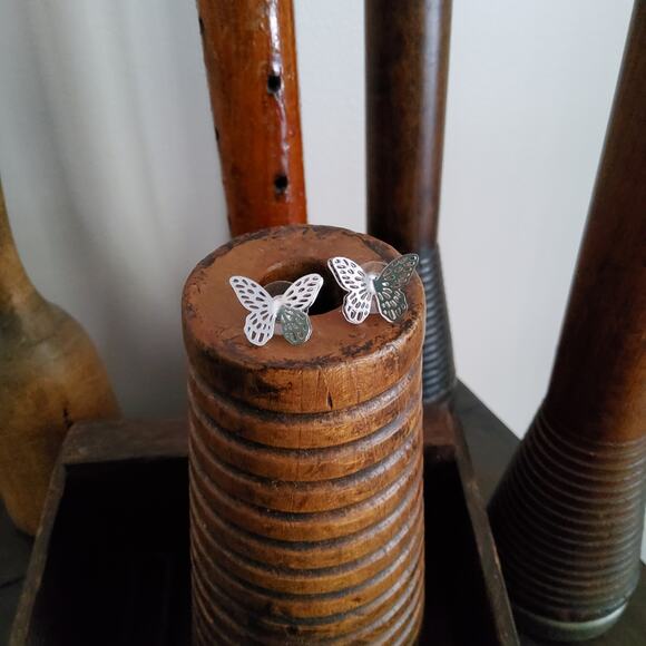 Women's Layered Double Butterfly Stud Earrings in Silver Tone - Picture 4 of 10